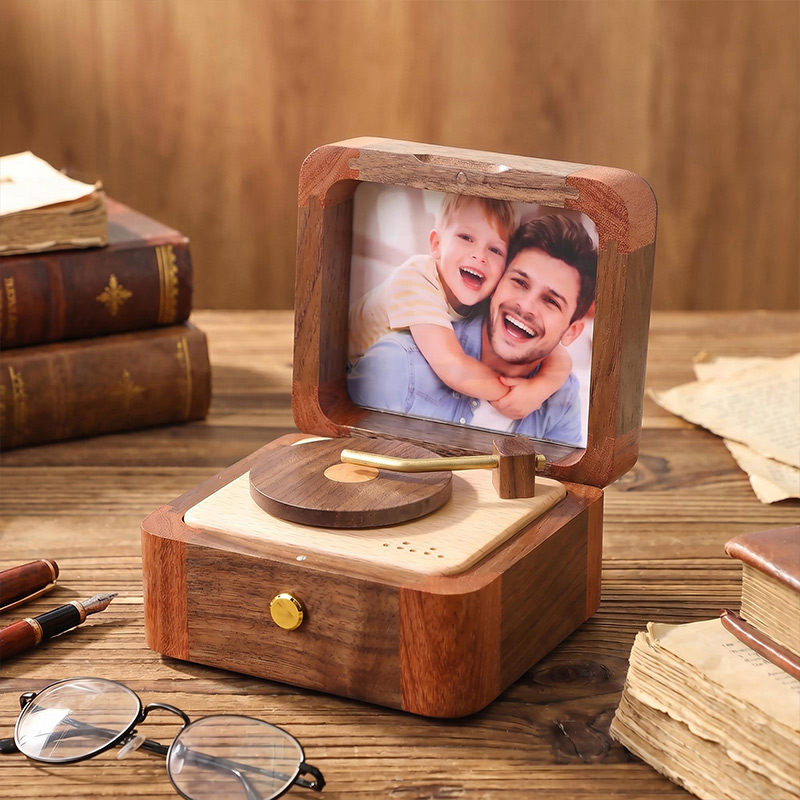 Personalized Wooden Music Box with Photo for Mom Dad Photo Record Player Keepsake Vintage Memory Box Unique Gift for Family
