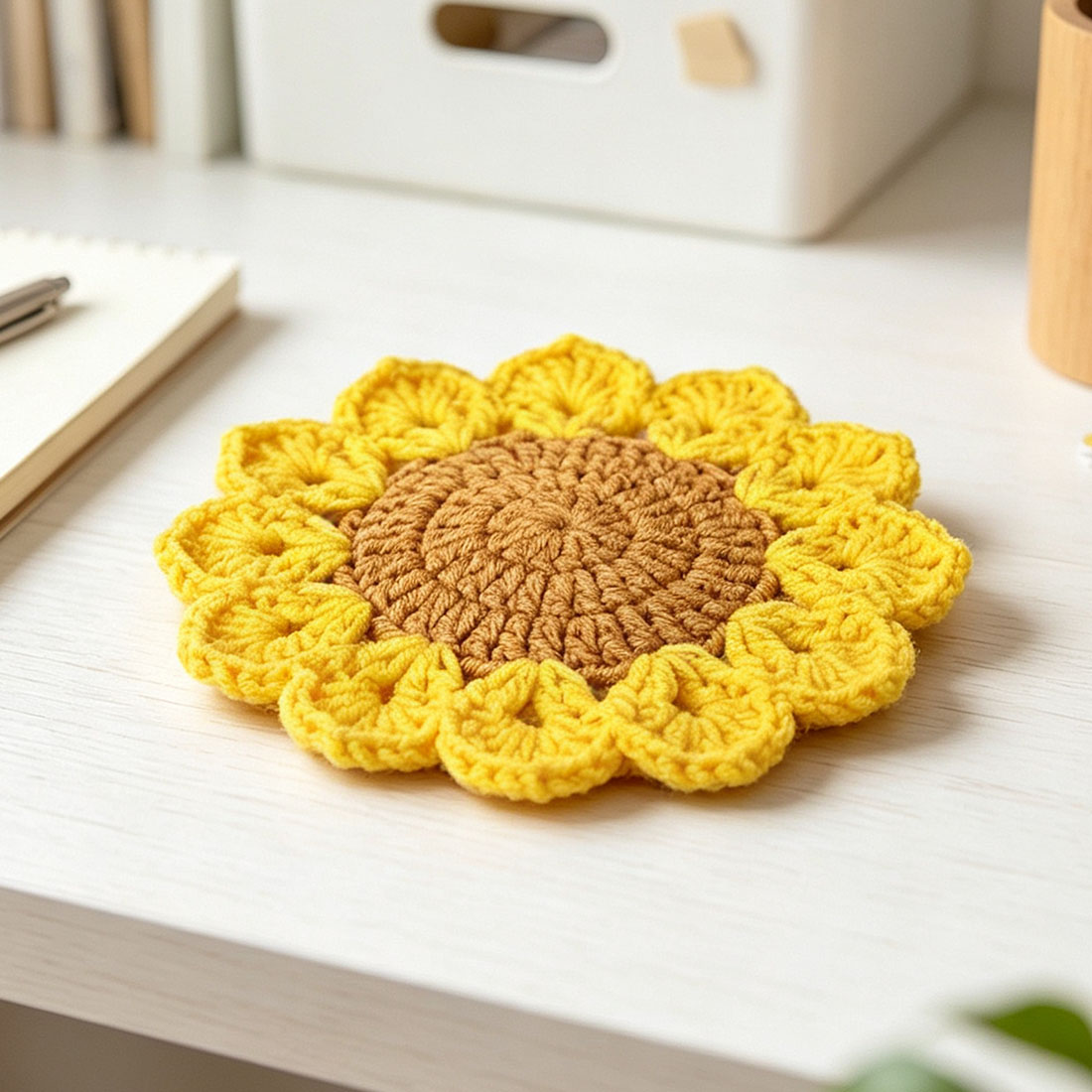 Sunflower Crochet Coasters Handmade Floral Desk Accessories Teacher Gift for Women