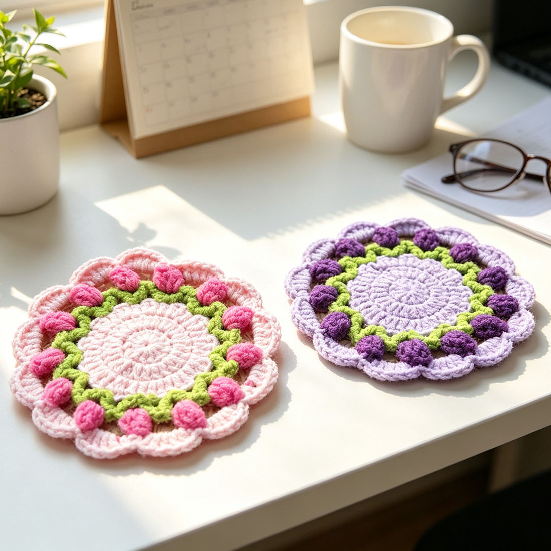 Handmade Tulip Crochet Coasters Elegant Floral Gift for Teacher & Women