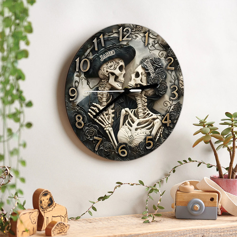 Personalized Skeleton Couple Till Death Do Us Part Wall Clock Custom Retro Gothic Graphic 3D Printed Wall Clock Anniversary Gift Valentine's Day Gift