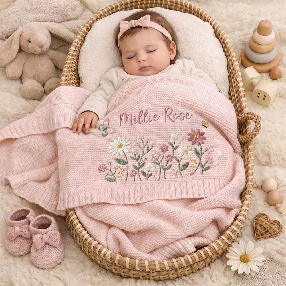 Personalized Floral Embroidered Baby Blanket Custom Name Knitted Throw Welcome Baby Blanket Nursery Keepsake