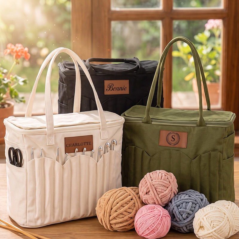 Personalized Monogram Large Canvas Yarn Storage Bag with Needle Pockets and Handle Crochet Knitting Accessories Birthday Gift for Craft Lovers