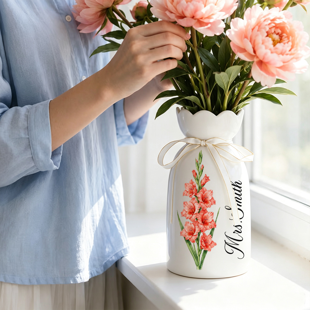 Personalized Watercolor Birth Flower Ceramic Vase with Name Back to Schol Gift for Teacher Gift for Her