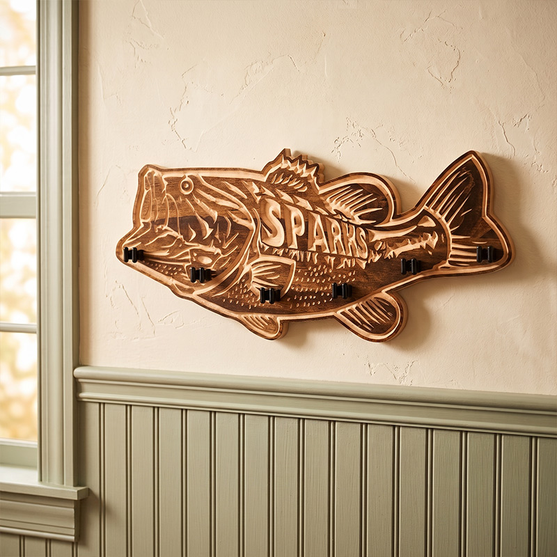 Personalized Bass Fishing Rod Holder for Dad Engraved Solid Wood Wall Mount Organizer with Name Birthday Gift for Dad Grandpa Fishing Lovers
