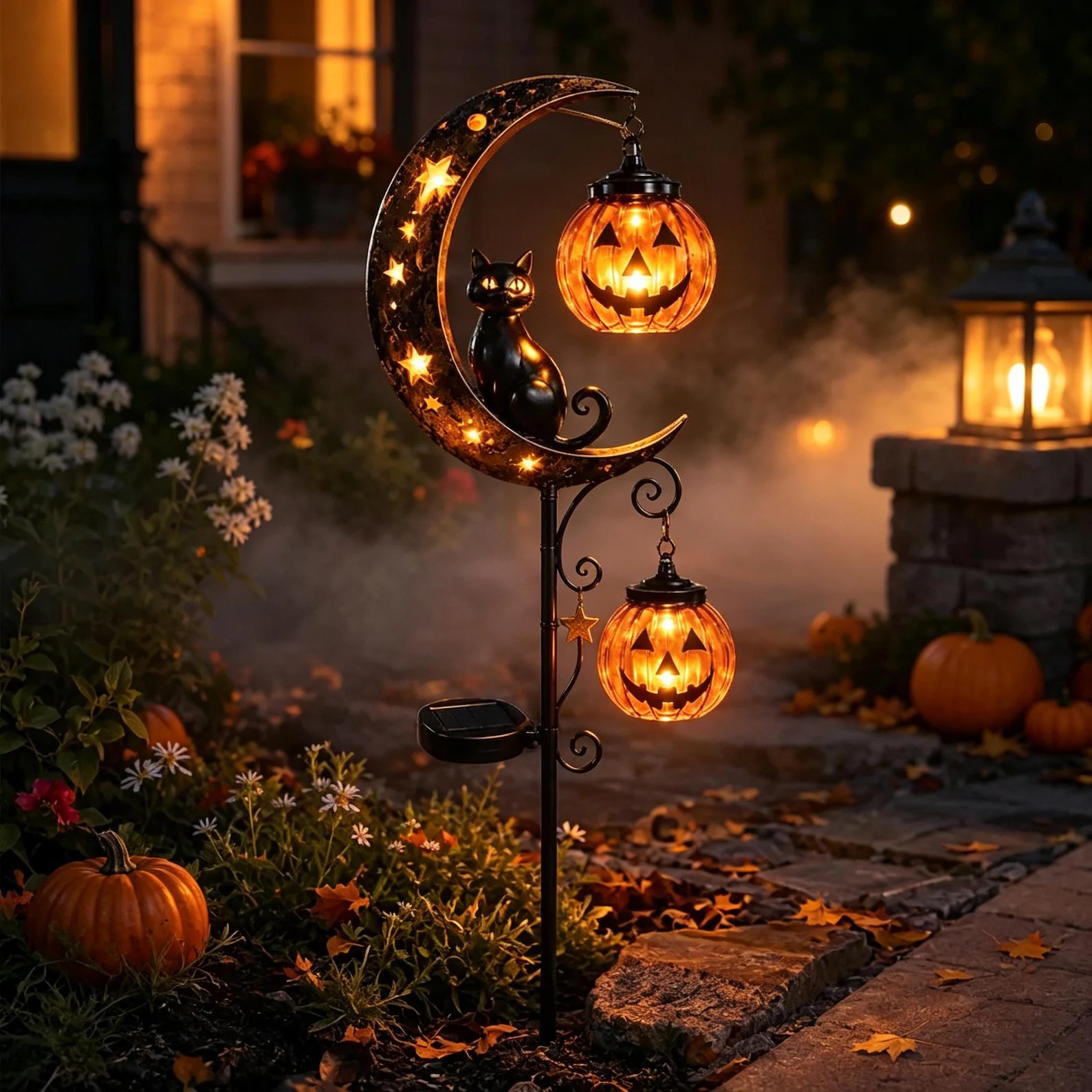 Halloween Black Cat Moon Solar Stake Light Pumpkin Lantern Outdoor Decor