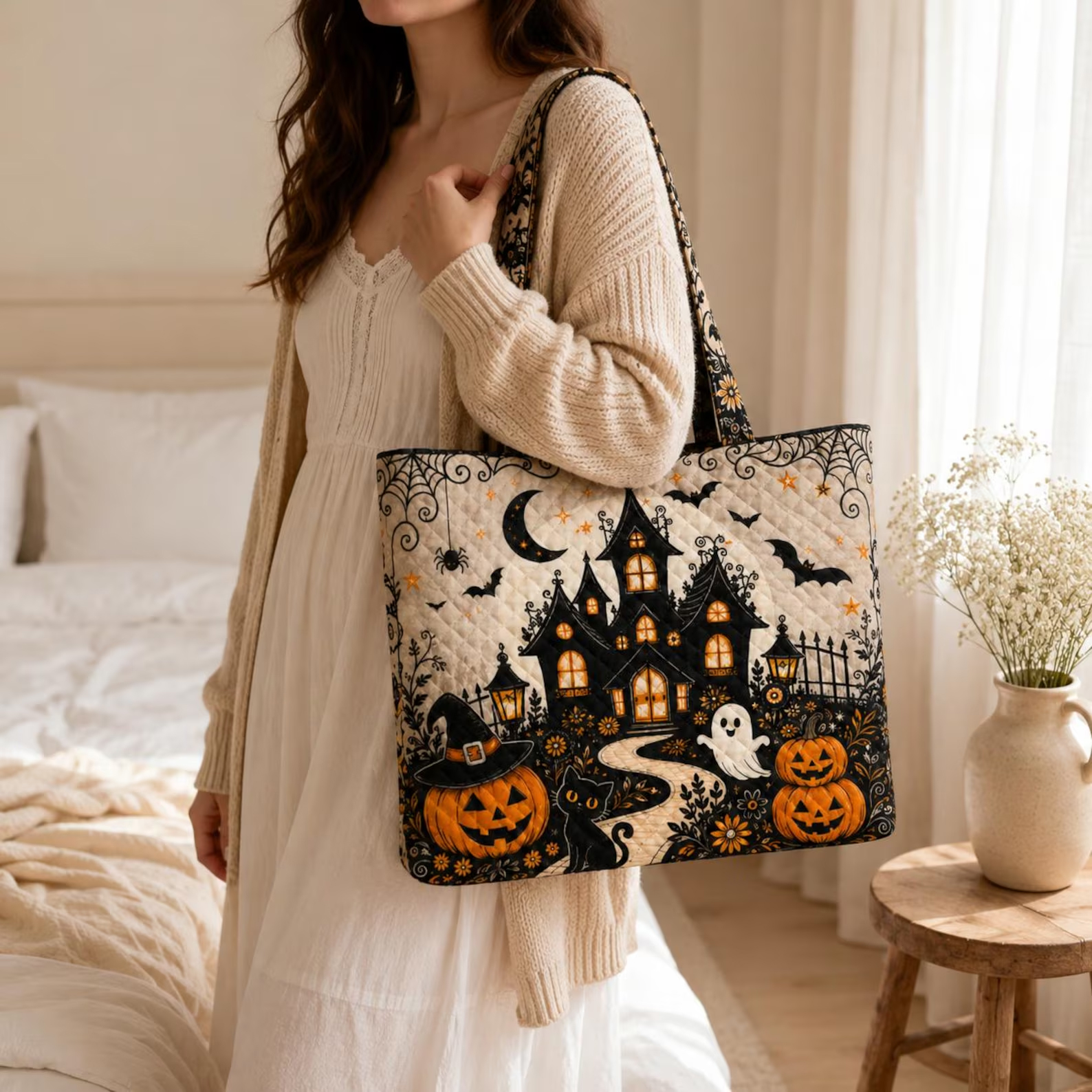 Halloween Tote Bag for Women Haunted House Quilted Tote Pumpkin Ghost Black Cat Bag Spooky Season Gift