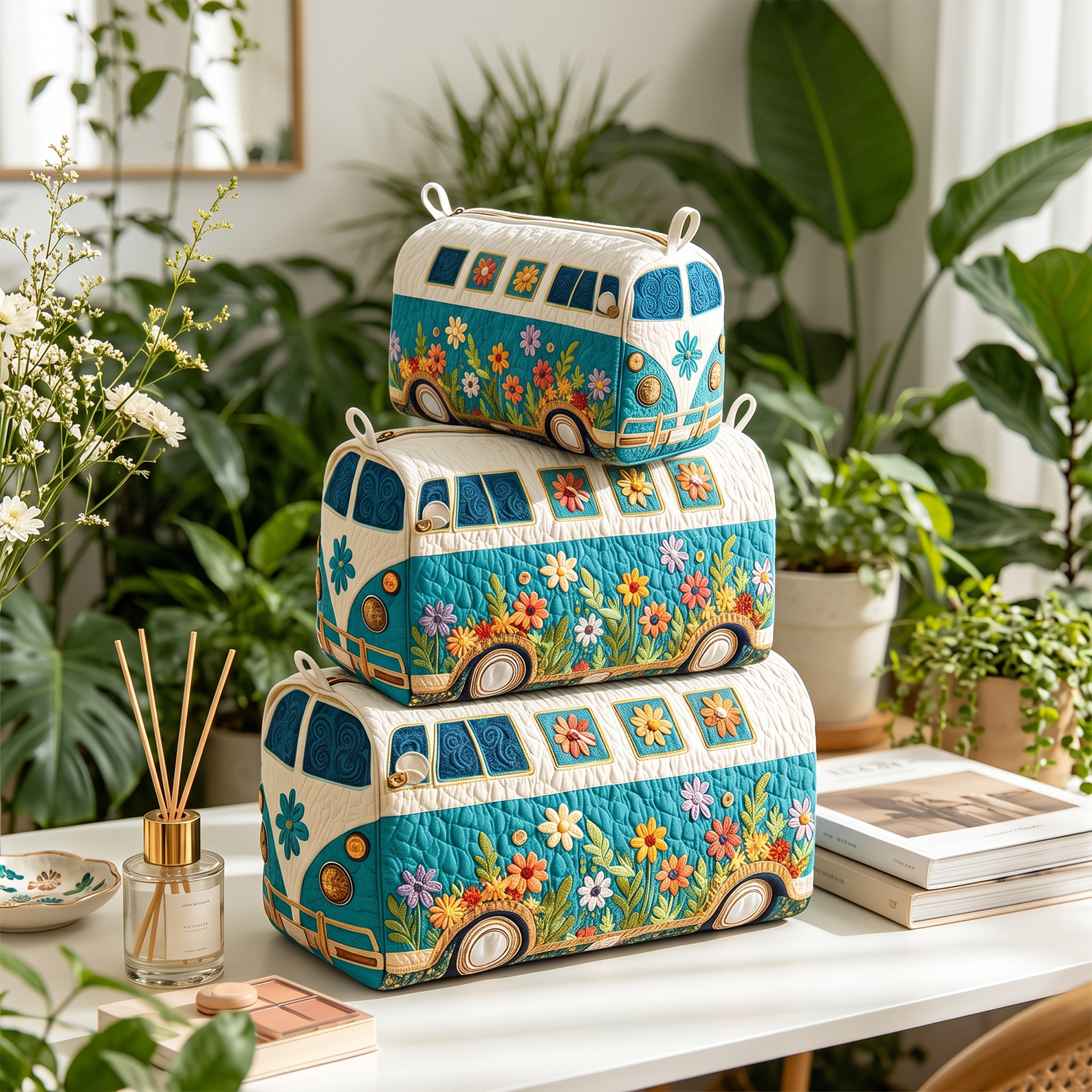 Flower Cart Bus Storage Bag Quilted Makeup Bag Suitable for Makeup Brushes Gift for Her