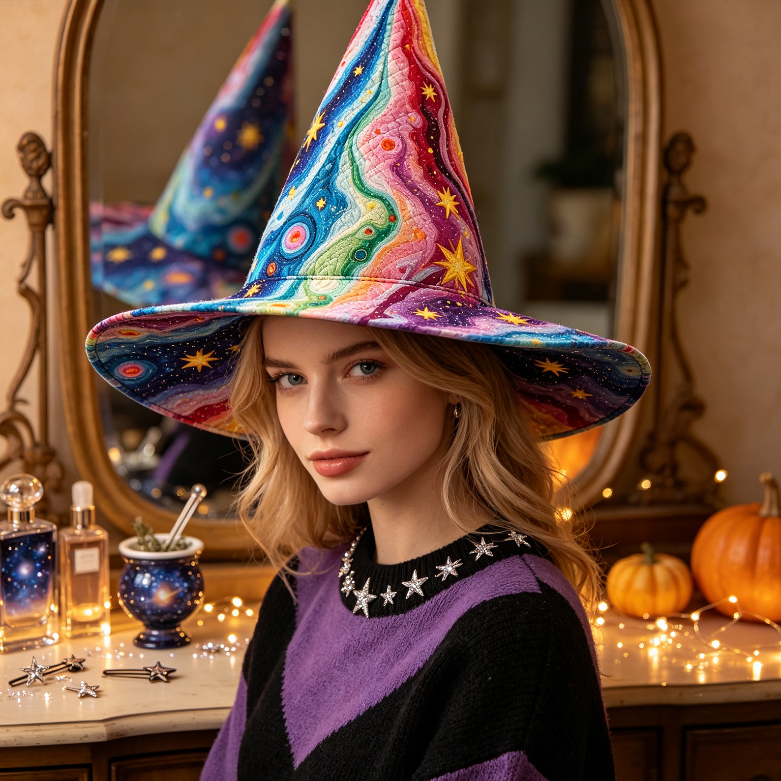 Rainbow Galaxy Quilted Witch Hat Celestial Starry Halloween Costom Hat Colorful Witchy Party Accessory Spooky Season Gift