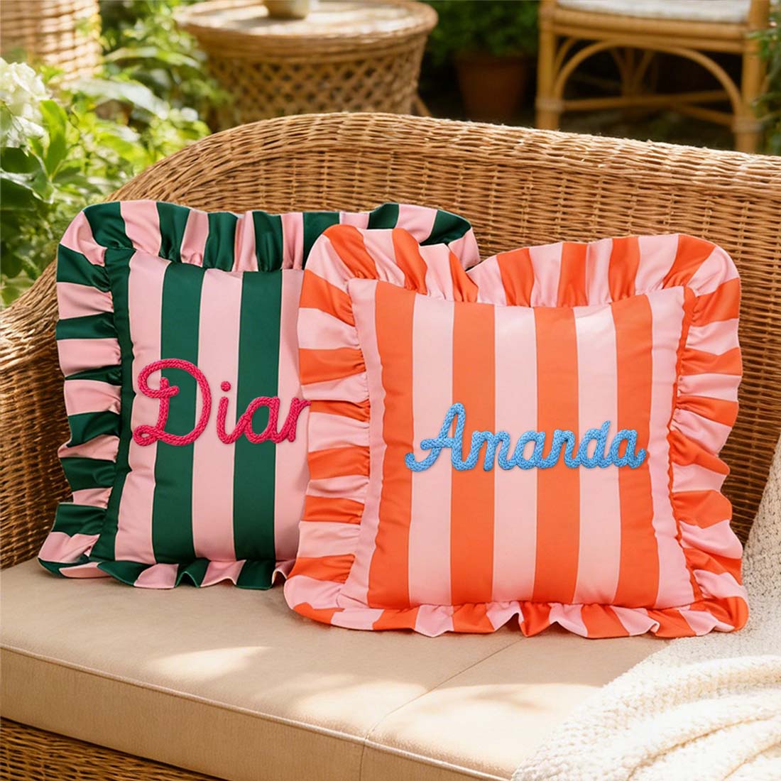 Personalized Striped Ruffled Punch Needle Throw Pillow Embroidered Name Mahjong Lovers Gift