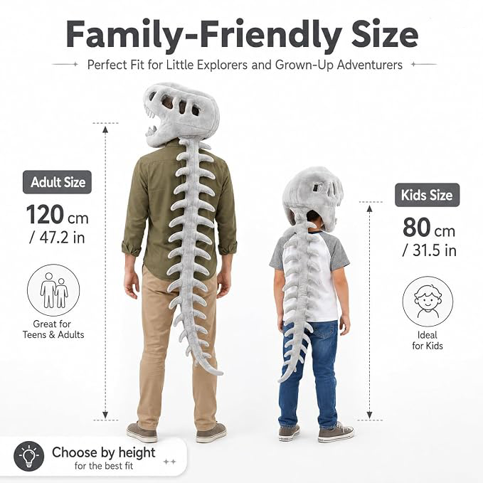 3D Dinosaur Skeleton Plush Hat with Long Spine Tail, Funny Giant Dino Bone Headwear, Halloween Cosplay Costume Novelty Photo Prop Party Dress-up Accessory