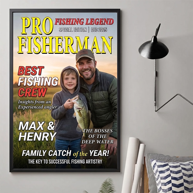 Personalized Photo Magazine Vertical Poster for Dad Grandpa Custom Canvas Photo Poster Birthday Fishing Gifts For Fisherman
