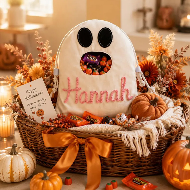 Personalized Rope Embroidery Ghost Halloween Candy Bag Custom Name Trick or Treat Bucket