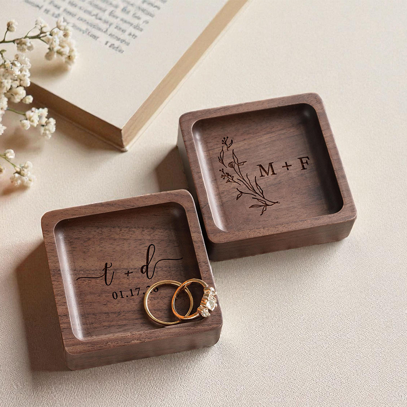 Personalized Walnut Wooden Ring Dish, Wedding Month Flower Ring Holder, Valentine’s Day Gift, Wedding, Engagement, Anniversary Gift for Her