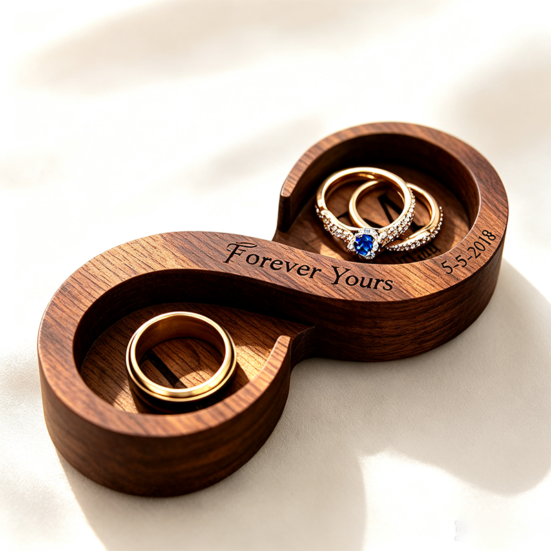 Personalized Infinity Walnut Wooden Ring Dish, Wedding Month Flower Ring Holder, Valentine’s Day Gift, Wedding, Engagement, Anniversary Gift for Her