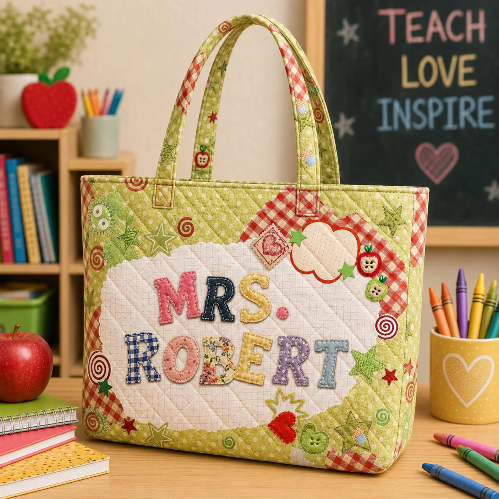 Personalized Teacher Quilted Tote Bag Custom Name Patchwork Print Tote Back To School Teacher Gift