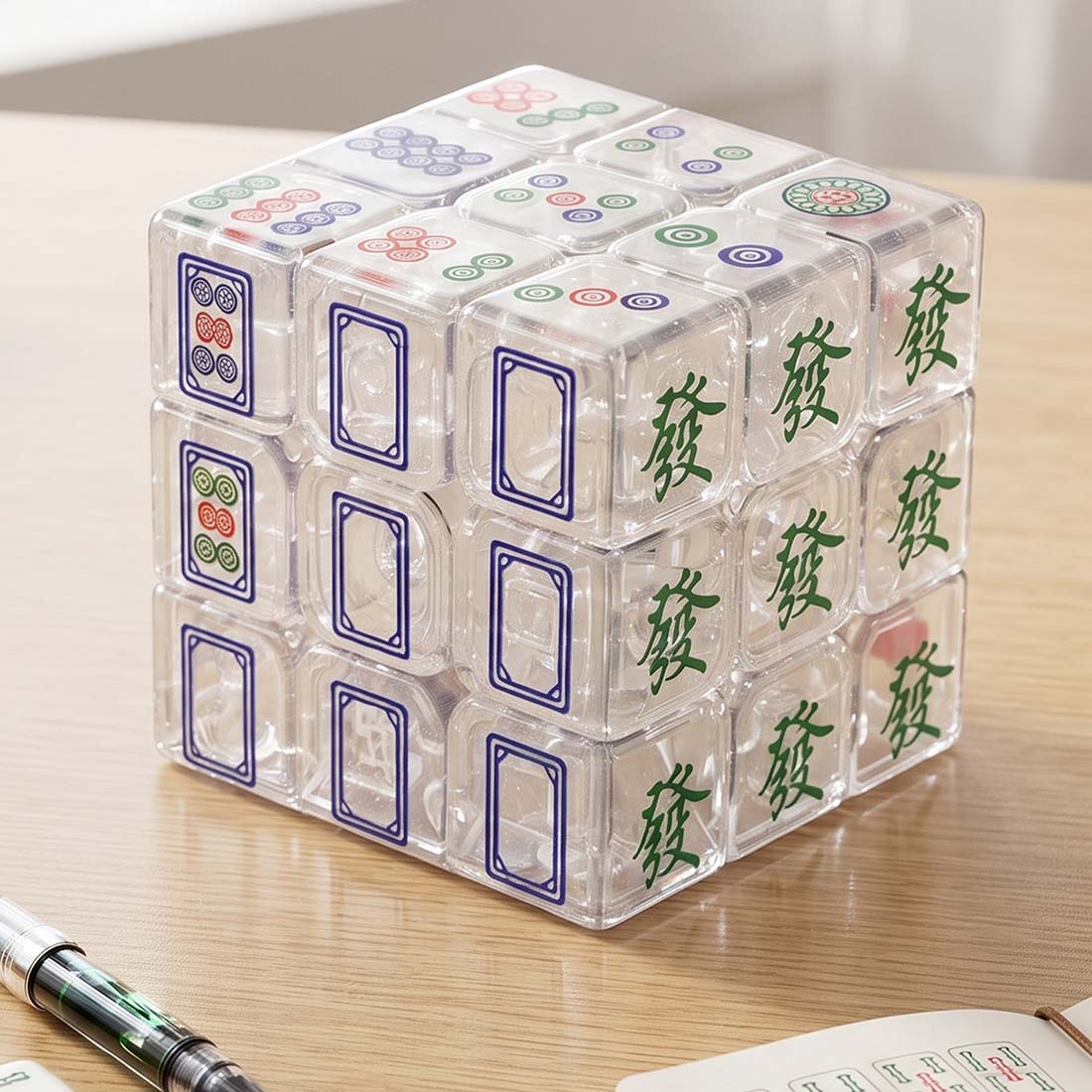 Mahjong Crystal Cube White Transparent Puzzle with Chinese Mahjong Tile Design Unique Fidget Toy & Collector Gift