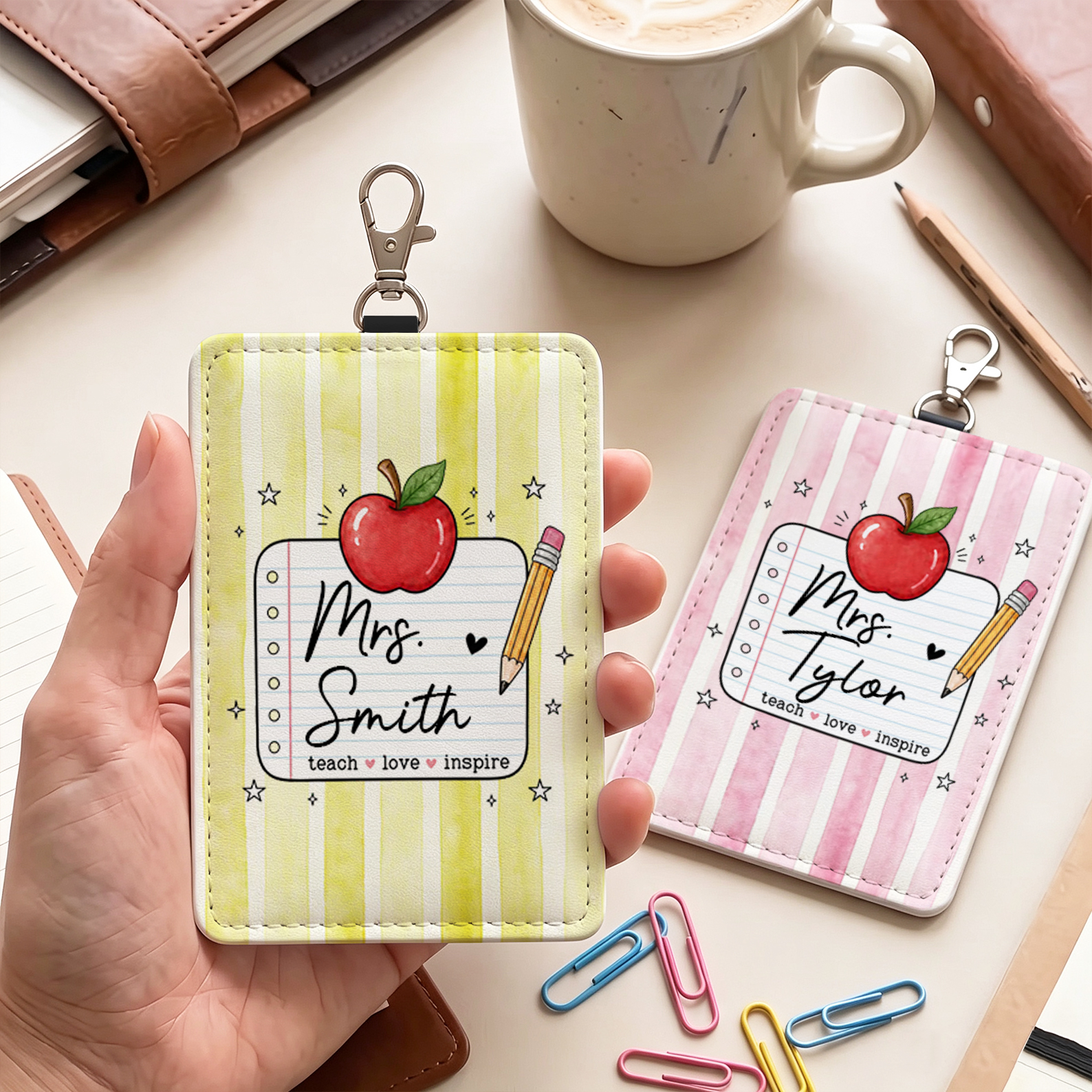Personalized Teach Love Inspire Apple Pencil Card Holder with Name Daily Use Back to School Teacher's Day Gift for Teacher