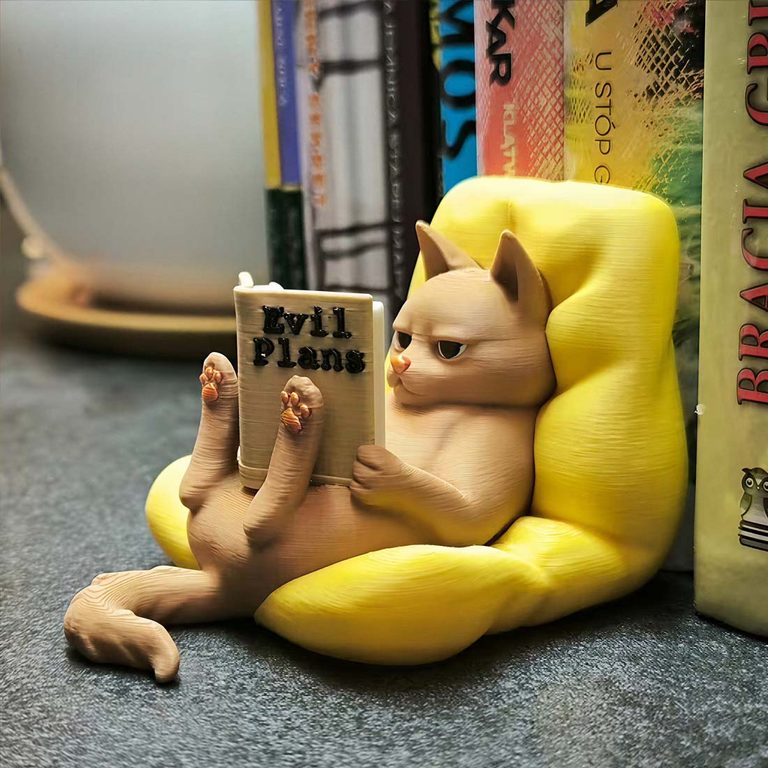 Evil Plans Reading Cat Figurine 3D Printed Grumpy Cat with Book Funny Desk Decor & Gift for Cat Lovers