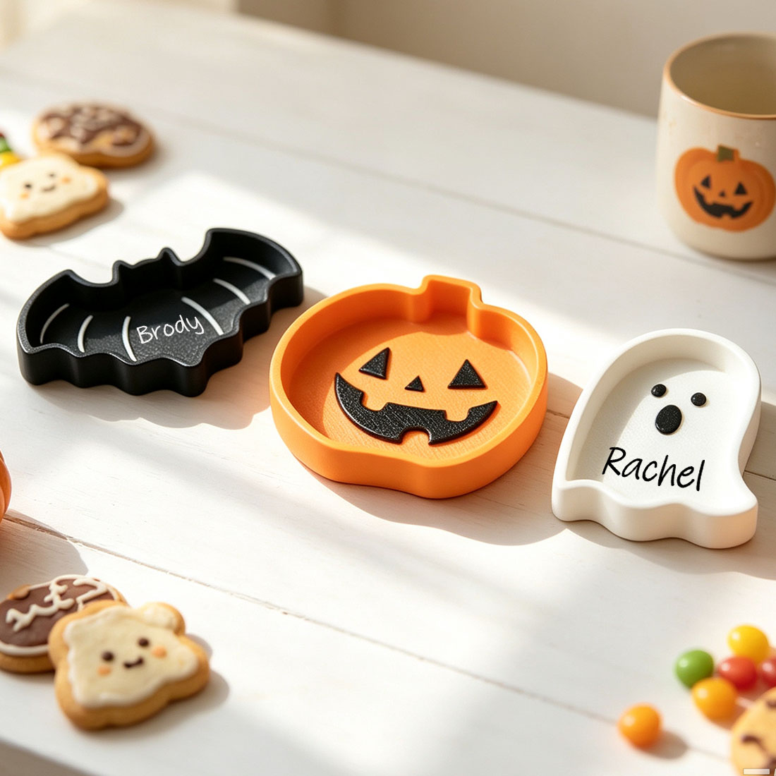Personalized Halloween Trinket Dish 3D Printed Pumpkin Bat & Ghost Candy Tray Custom Name Spooky Season Gift