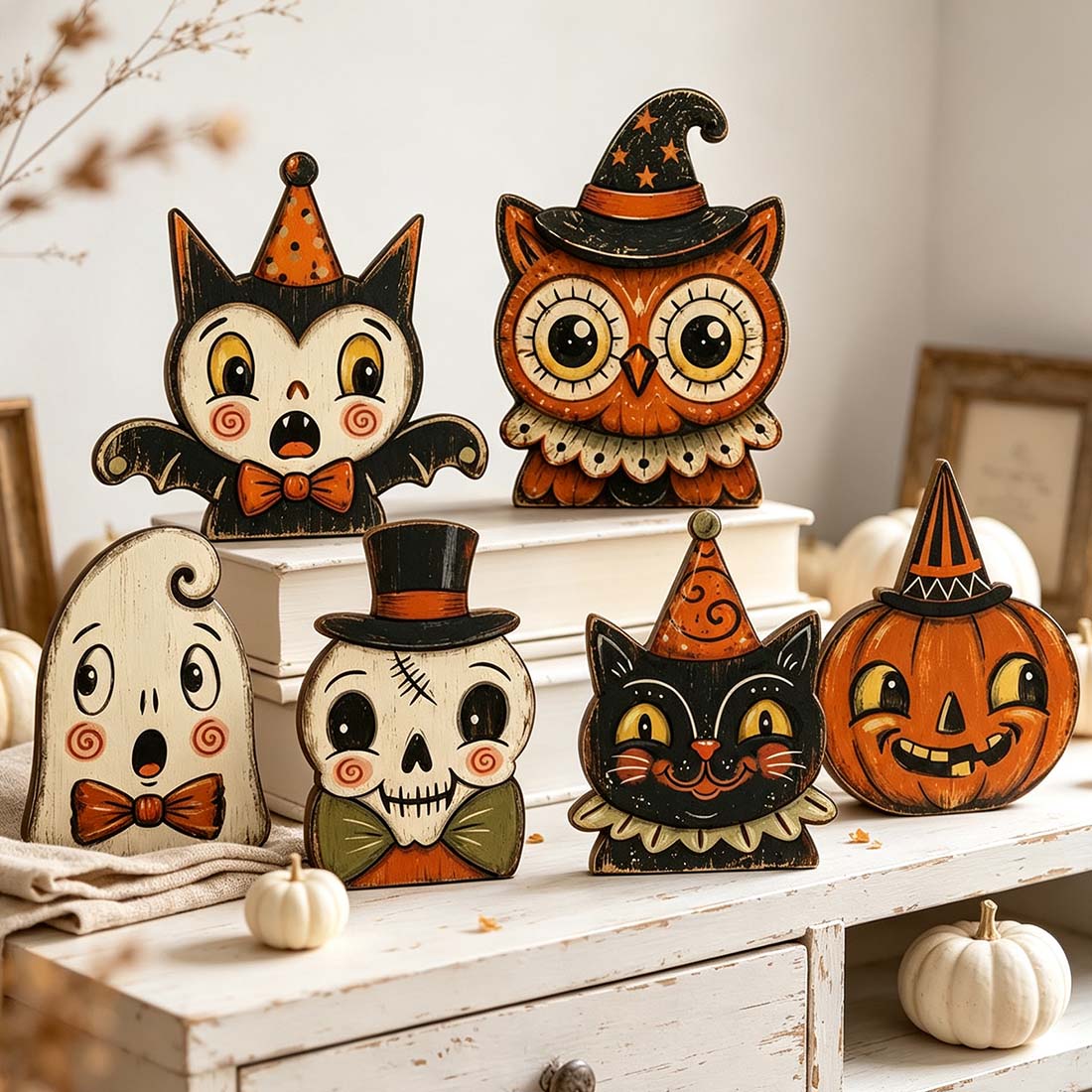 Vintage Halloween Decor Indoor, Retro Wooden Block for Shelf Decor, Cute Ghost, Pumpkin, Black Cat, Skeleton, Witch Owl, Housewarming Gift