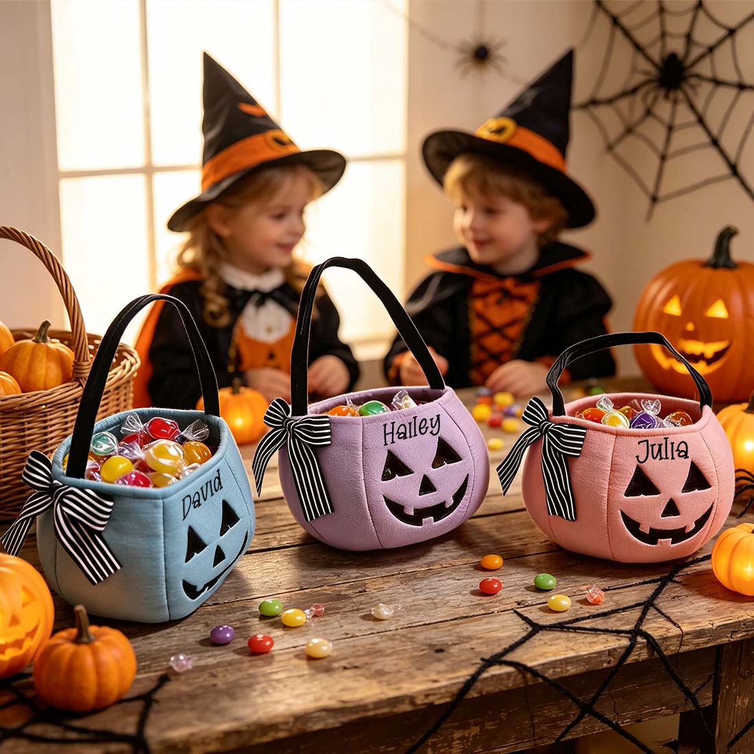 Personalized Halloween Trick-or-Treat Bag Pumpkin Face Candy Bucket with Custom Name Kids Velvet Tote in 4 Colors
