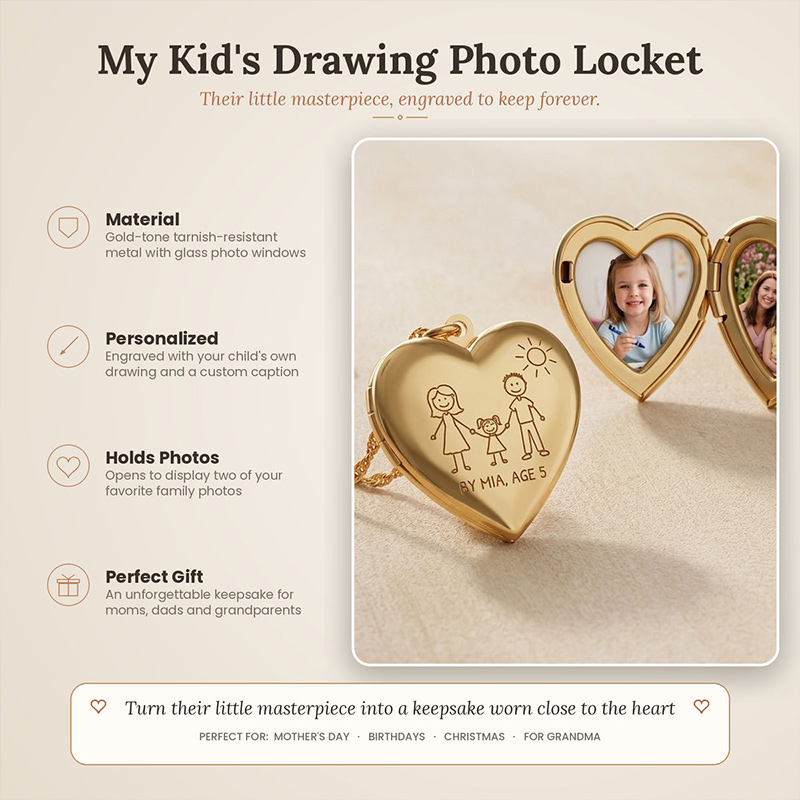 Personalized Kids Drawing Photo Locket Necklace Custom Child's Drawing Heart Locket Necklace for Mom Family Gift