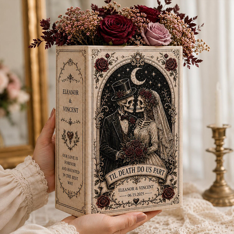 Personalized Gothic Book Vase, Custom Skeleton Bride and Groom Wedding Vase, Dark Romance Anniversary or Newlywed Gift for Couples