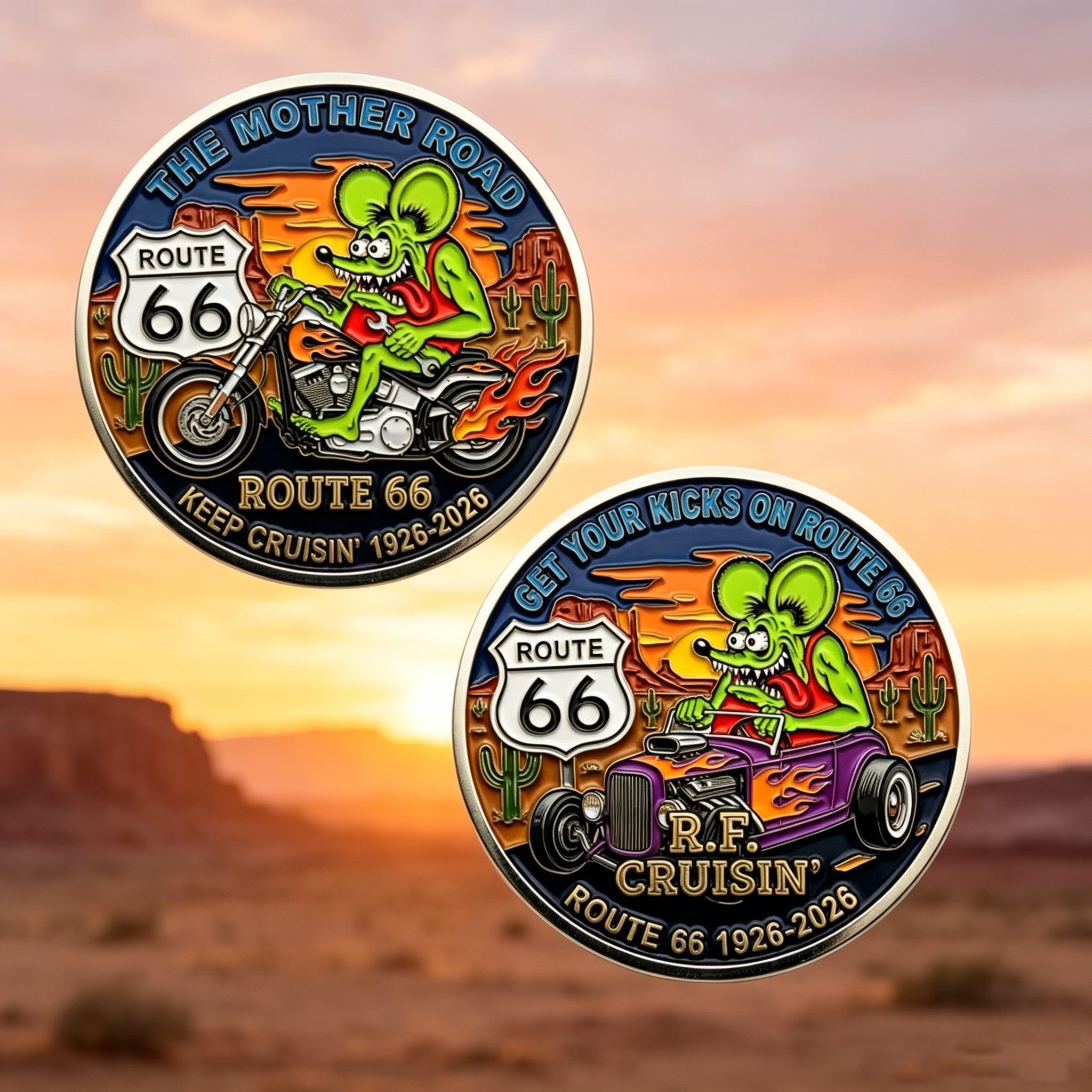 Route 66 100th Anniversary Rat Fink Challenge Coin 1926-2026,Vintage Hot Rod & Motorcycle Enamel Collectible Coin