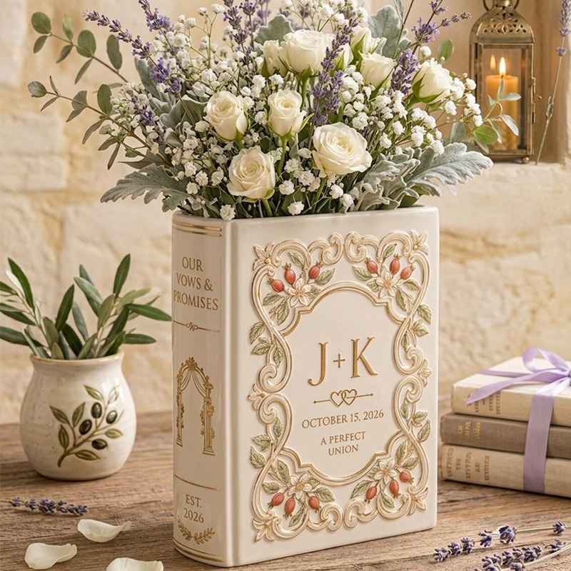 Personalized Wedding Ceramic Book Vase, Wedding Vase Gift, Custom Couple Name Book Vase,Gift for Newlyweds, Wedding Anniversary Gift for Couple