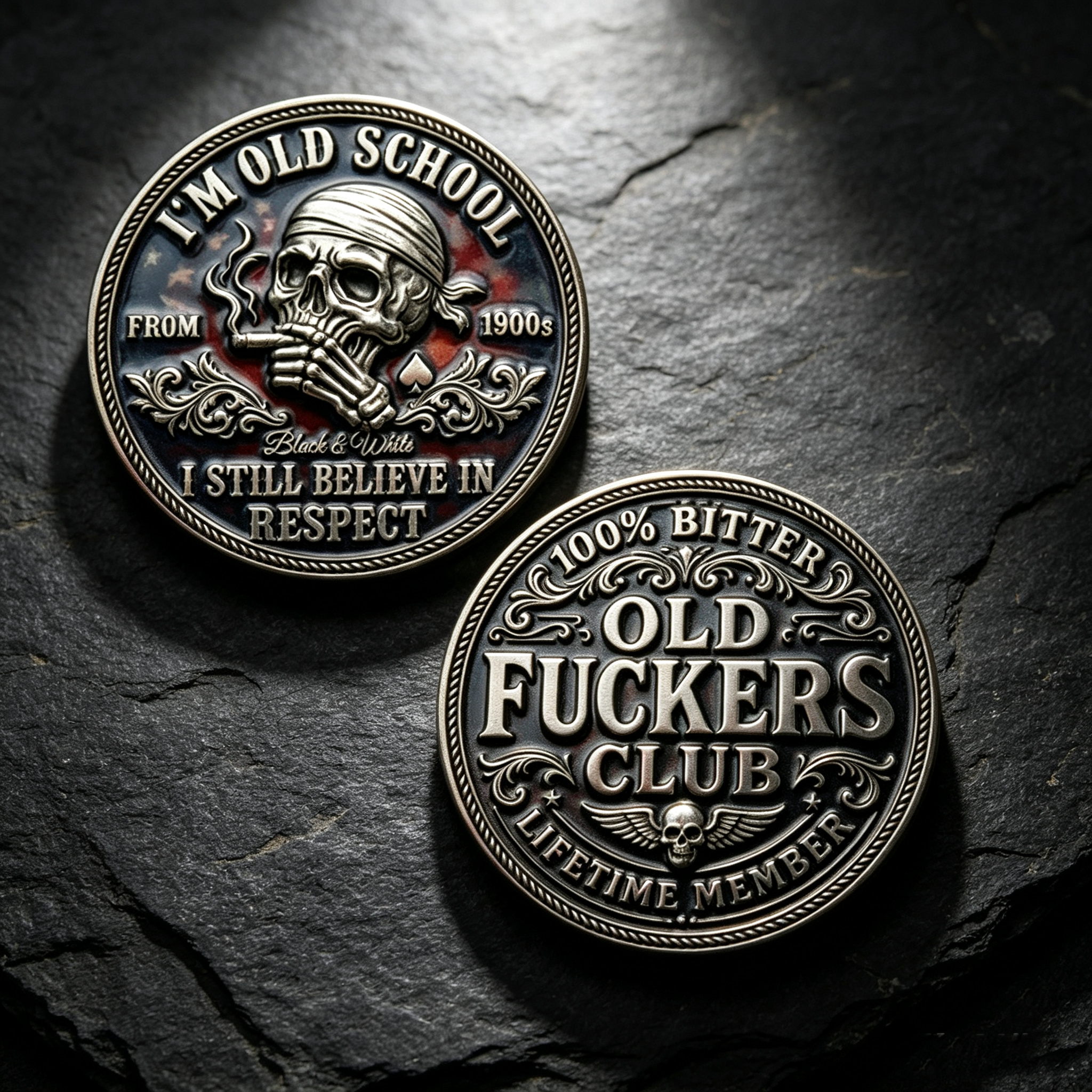 Old School Skull Challenge Coin, 100% Bitter Club Lifetime Member Collectible Coin, Vintage Skeleton Enamel Pocket Coin