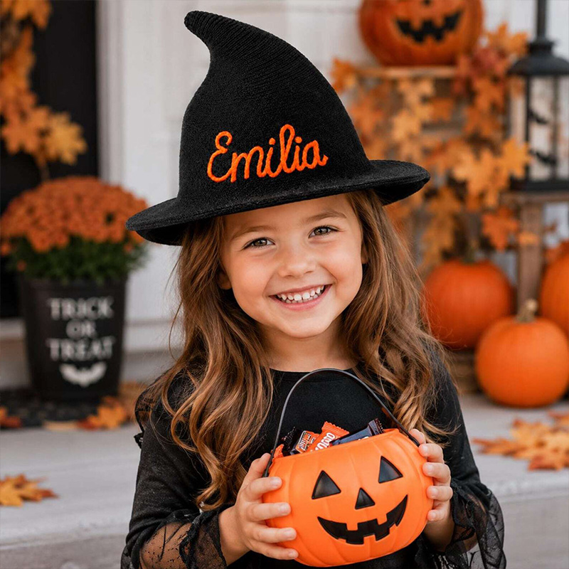 Personalized Kids Witch Hat Custom Name Halloween Costume Accessory Matching Sibling Black Pointed Hat