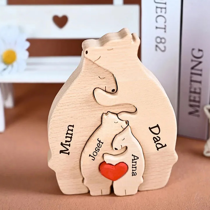Personalized Carved Wooden Bear Family Jigsaw Puzzle, Wood Bear Figurines, Hugging Bear Family Keepsake Gift for Parents, Christmas Bear Decor