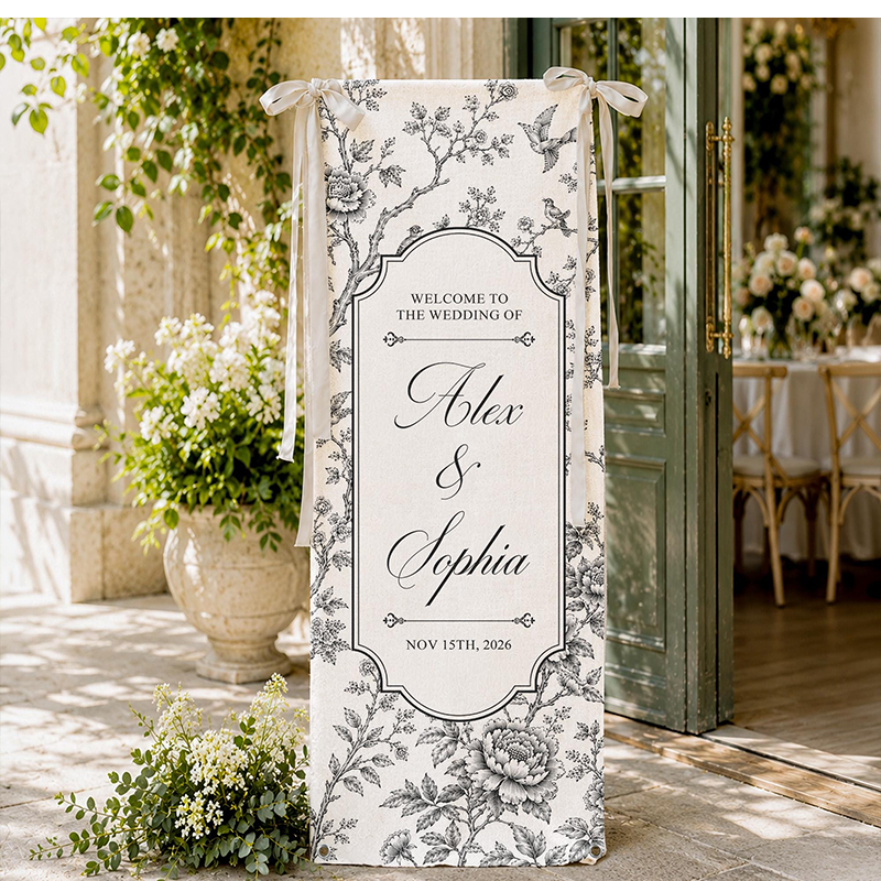 Personalized Toile De Jouy Wedding Sign, Personalized Fabric Welcome Sign, Custom Name Banner for Wedding Ceremony, Reception Decor Gift