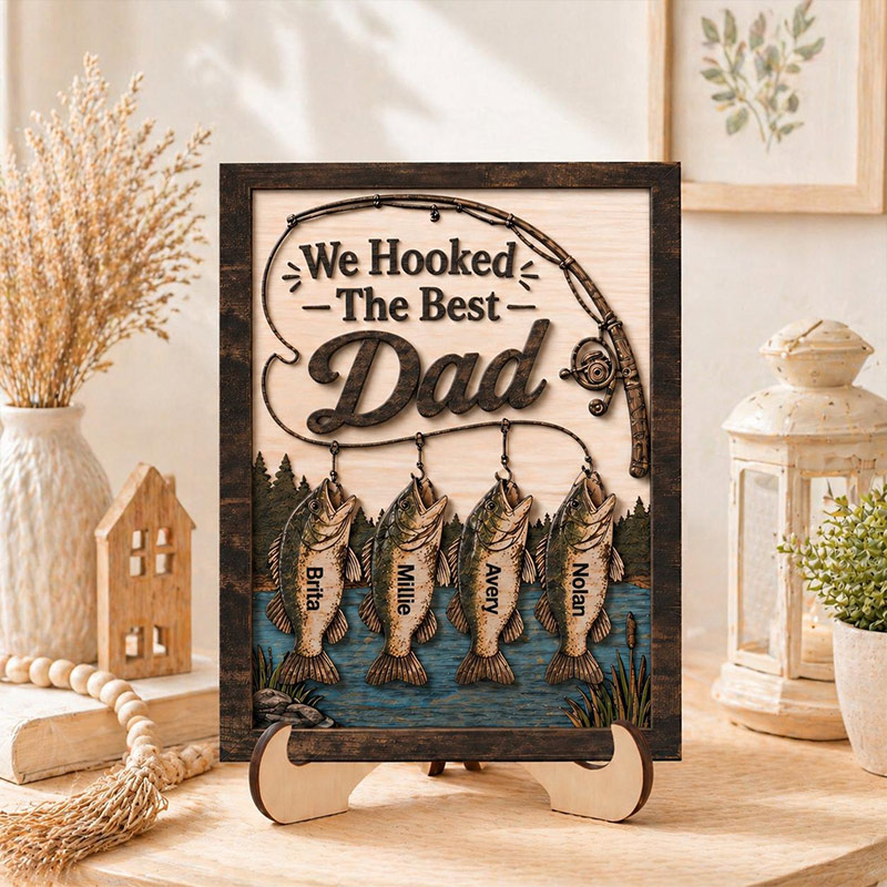 Personalized We Hooked The Best Dad Wooden Sign Custom Fishing Themed Sign with 1-6 Children’s Names Fishing Dad Grandpa Gift
