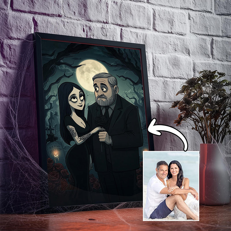 Personalized Gothic Family Portrait with Pets Custom Poster Spooky Season Halloween Wall Art Family Illustration from Your Photo
