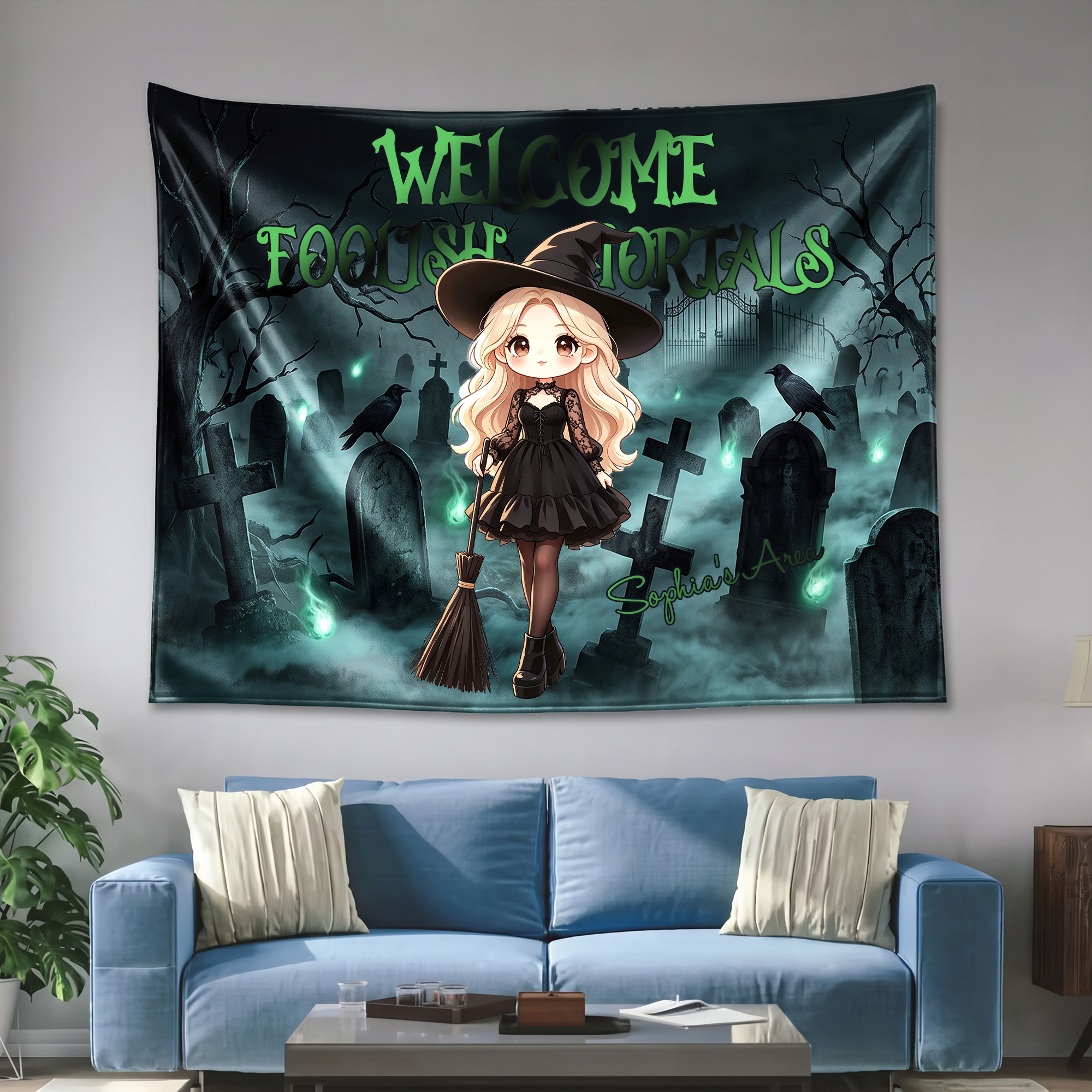 Personalized Halloween Design Tapestry with Cute Character Name Halloween Wall Decor Gift for Family