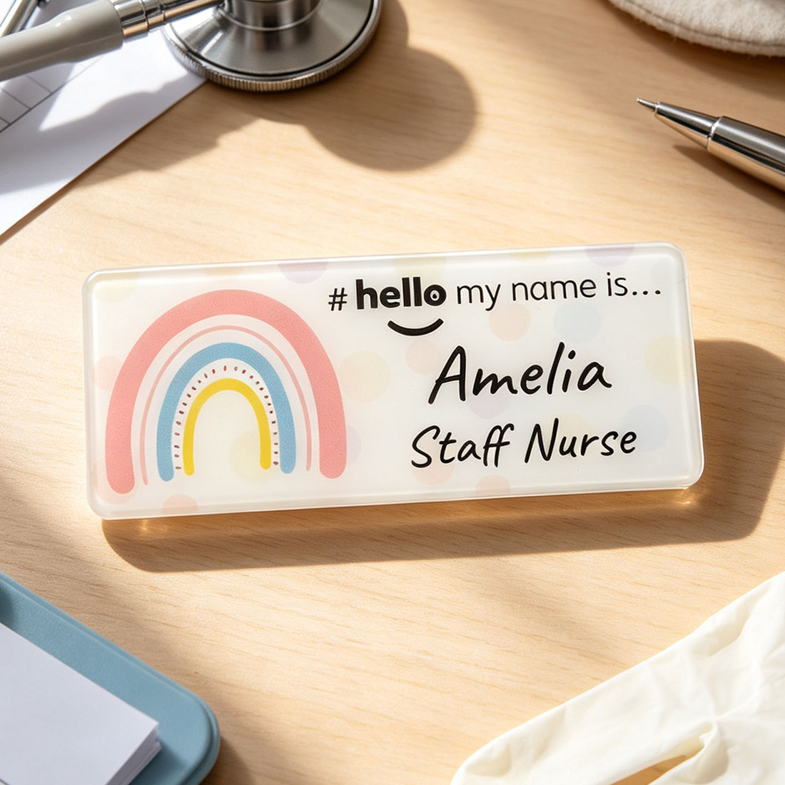 Acrylic Finish Hello My Name Is Rainbow Name Badge Student Nurse Doctor Midwife Hospital NHS Practitioner Nursery School Preschool 