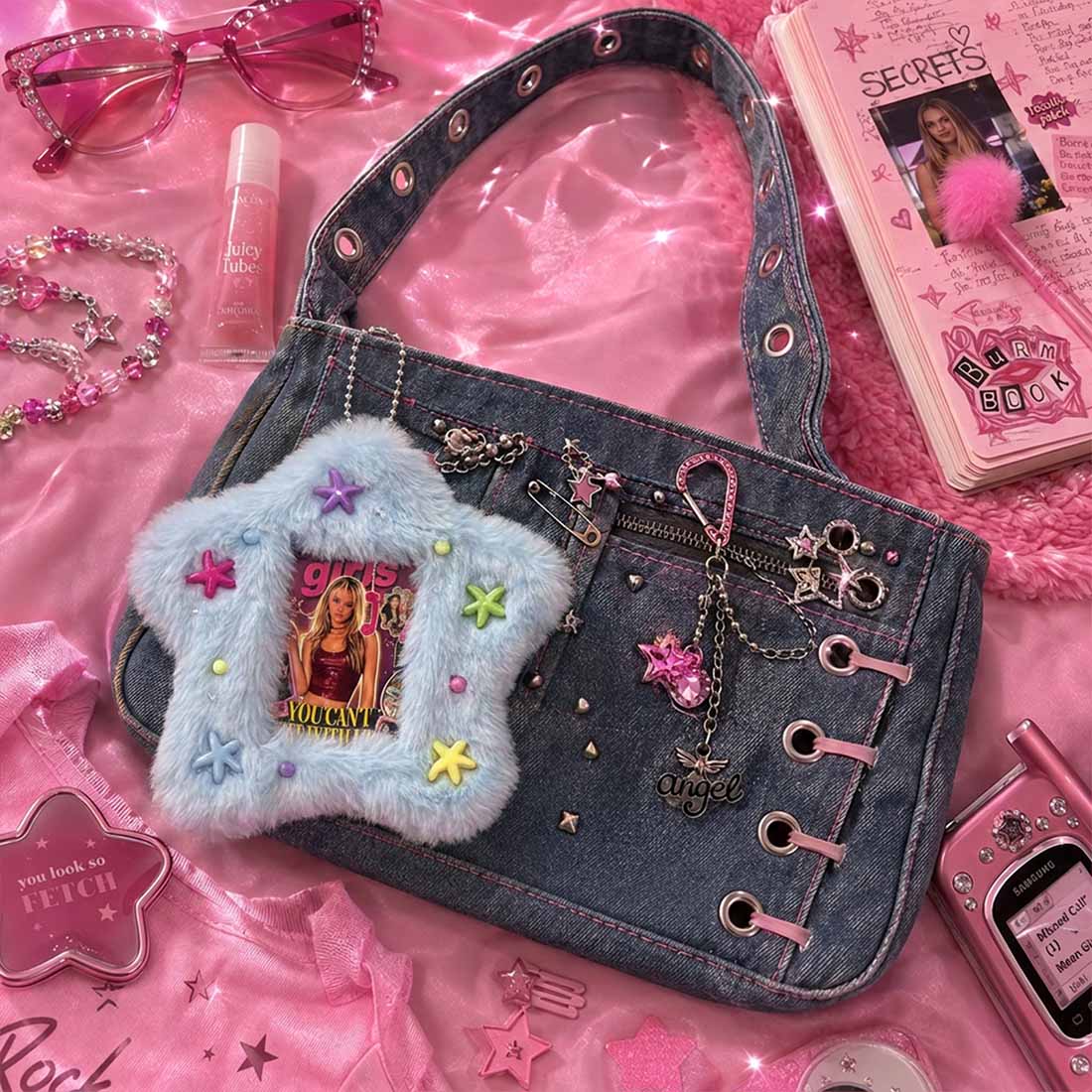 Mean Girls Fluffy Star Card Holder Keychain Y2K You Cant Sit With Us Photo Wallet Cute Bag Charm & ID Case