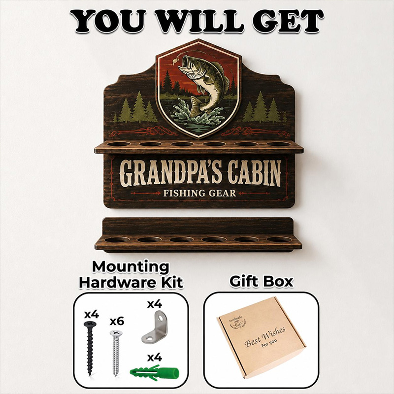 Personalized Fishing Rod Holder Fishing Rod 6-Rod Holder Custom Name Wall Mount Wood Construction Bass Fishing Station Sign Dad Grandpa Fishing Gift
