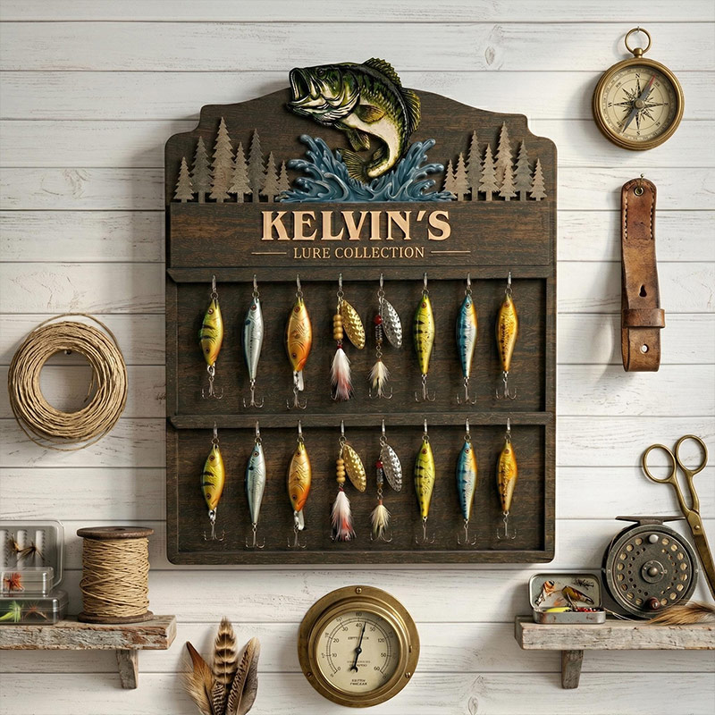 Personalized Reel Cool Dad Fishing lure Collection Holder Custom Fisherman Gift for Dad Uncle Grandpa Wooden Fishing Pole Organizer Bass Fish Wall Decor