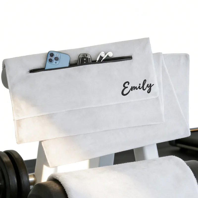 Personalized Gym Towel Embroidered Name Fitness Towel with Zipper Pocket Custom Sports Gift for Birthday for Gym Lovers