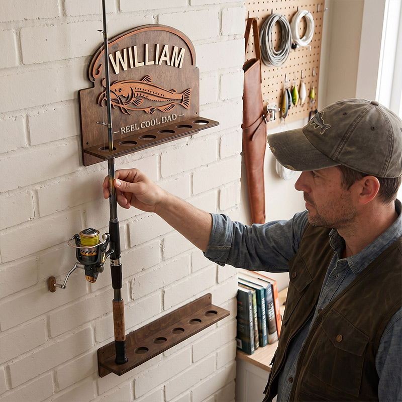 Personalized Reel Cool Dad Fishing Rod Rack 6 Rods Wooden Fishing Pole Holder Wall Mount Custom Fishing Gif Fisherman Dad Birthday Gift Man Cave Deco