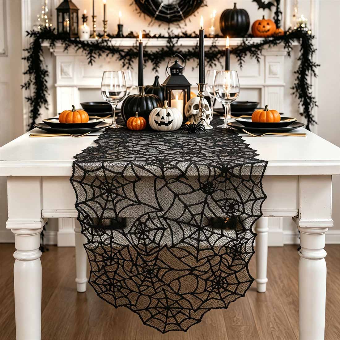 Black Spider Web Lace Table Runner Halloween Party Tablescape Decor Gothic Spooky Dining Centerpiece