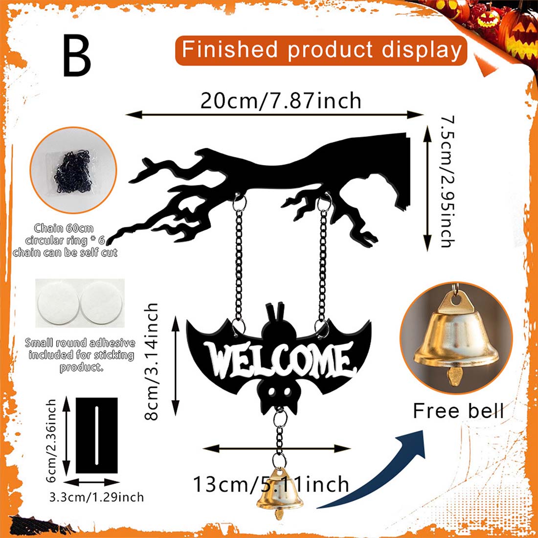 One Piece Dark Themed Bat Acrylic Charm Halloween Theme Includes Bell Suitable for Outdoor Patio Balcony Garden Decorations 2D