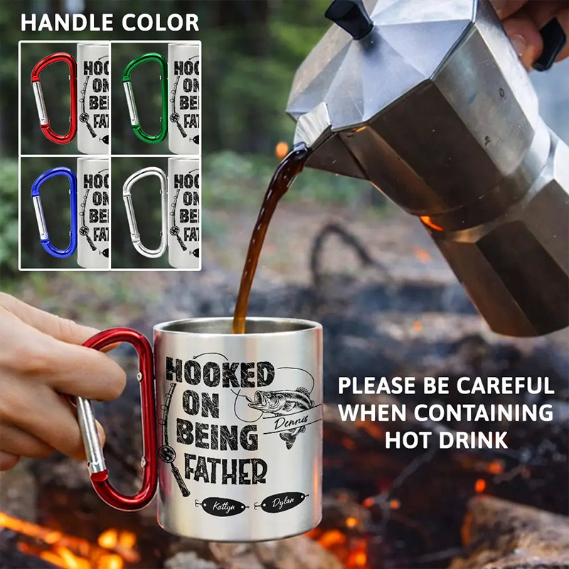 Personalized Hooked On Being Grandpa Carabiner Mug Custom Fishing Mug with Kids Names Fishing Lover Gift for Dad Grandpa