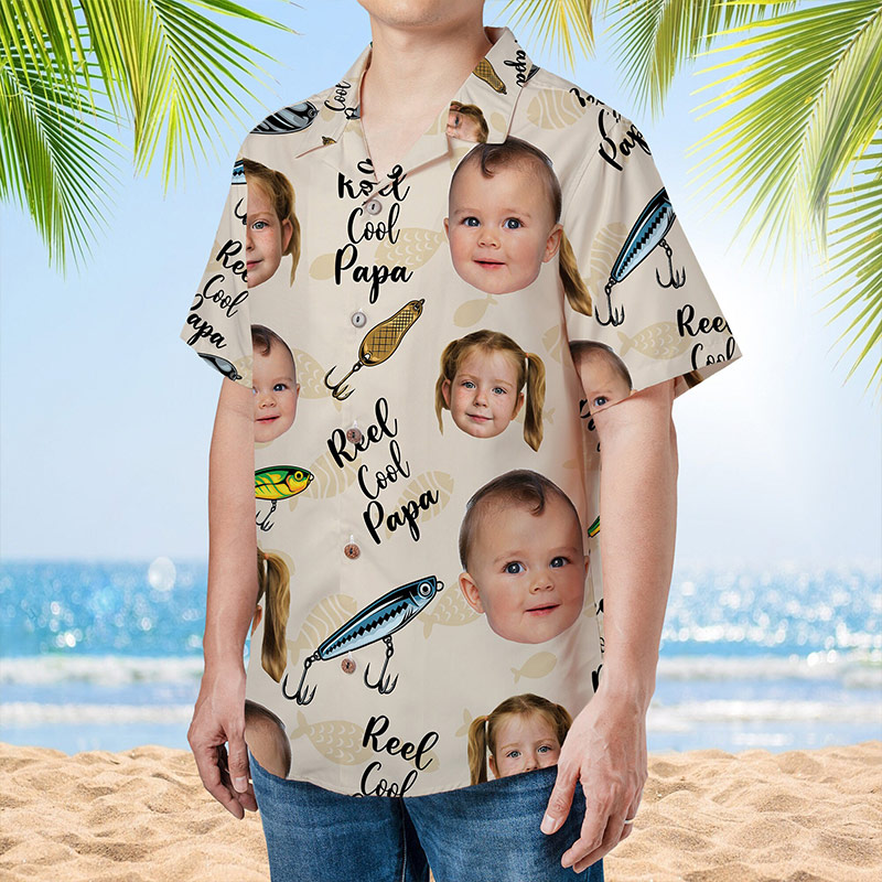 Personalized Reel Cool Papa Shirt Hawaiian Shirt With Face Custom Portrait Face Hawaiian Dad Grandpa Fishing Shirt With Kid Face Funny Papa Tee