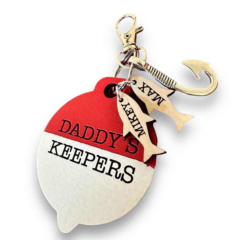 Personalized Daddy's Keepers Fishing Keychain Custom Wooden Bobber Engraved Fish Charms for Dad Birthday Gift for Him