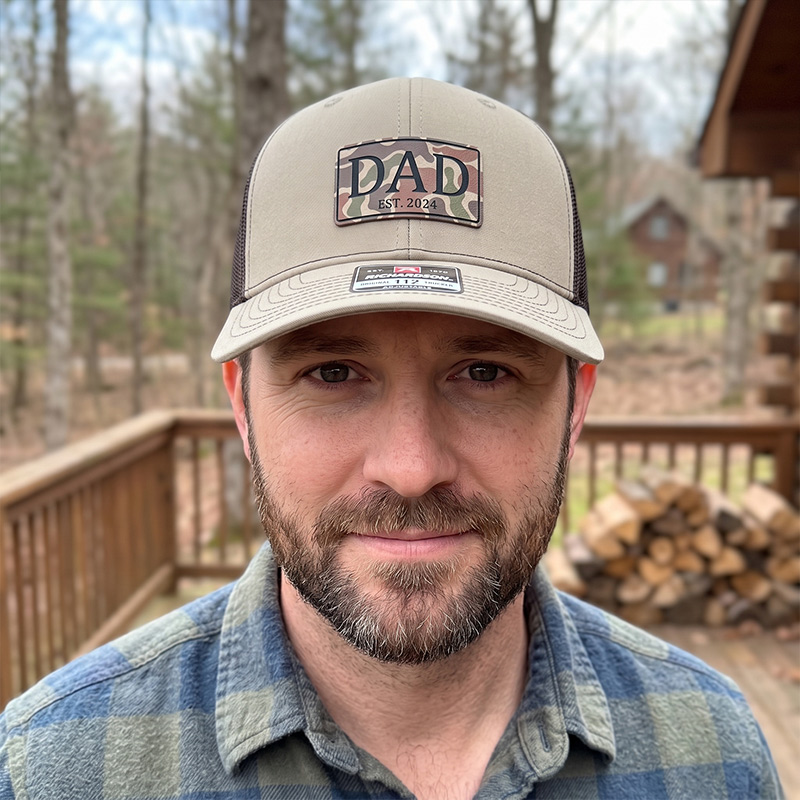 Personalized Dad Trucker Hat Dad Christmas Gift New Dad Gift Custom Trucker Hat Grandpa Leatherette Patch Hat Outdoors Camo