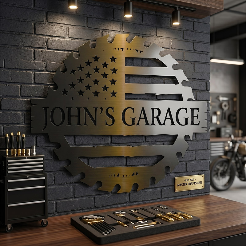 Personalized Metal Sign for Dad Custom Papa's Workshop Sign Patriotic USA Waving Flag Flag Sign Sawblade Gift for Dad Grandpa