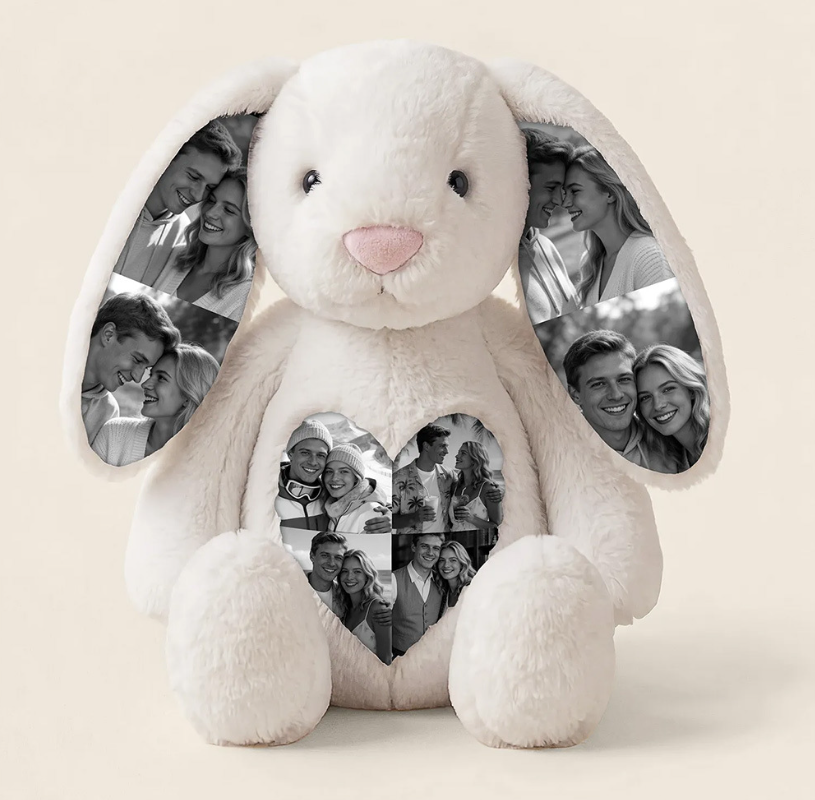 Personalized Photo Bunny Plush  Custom Hidden Ear Stuffed Animal Memory Keepsake Rabbit Gift for Couples Bestie